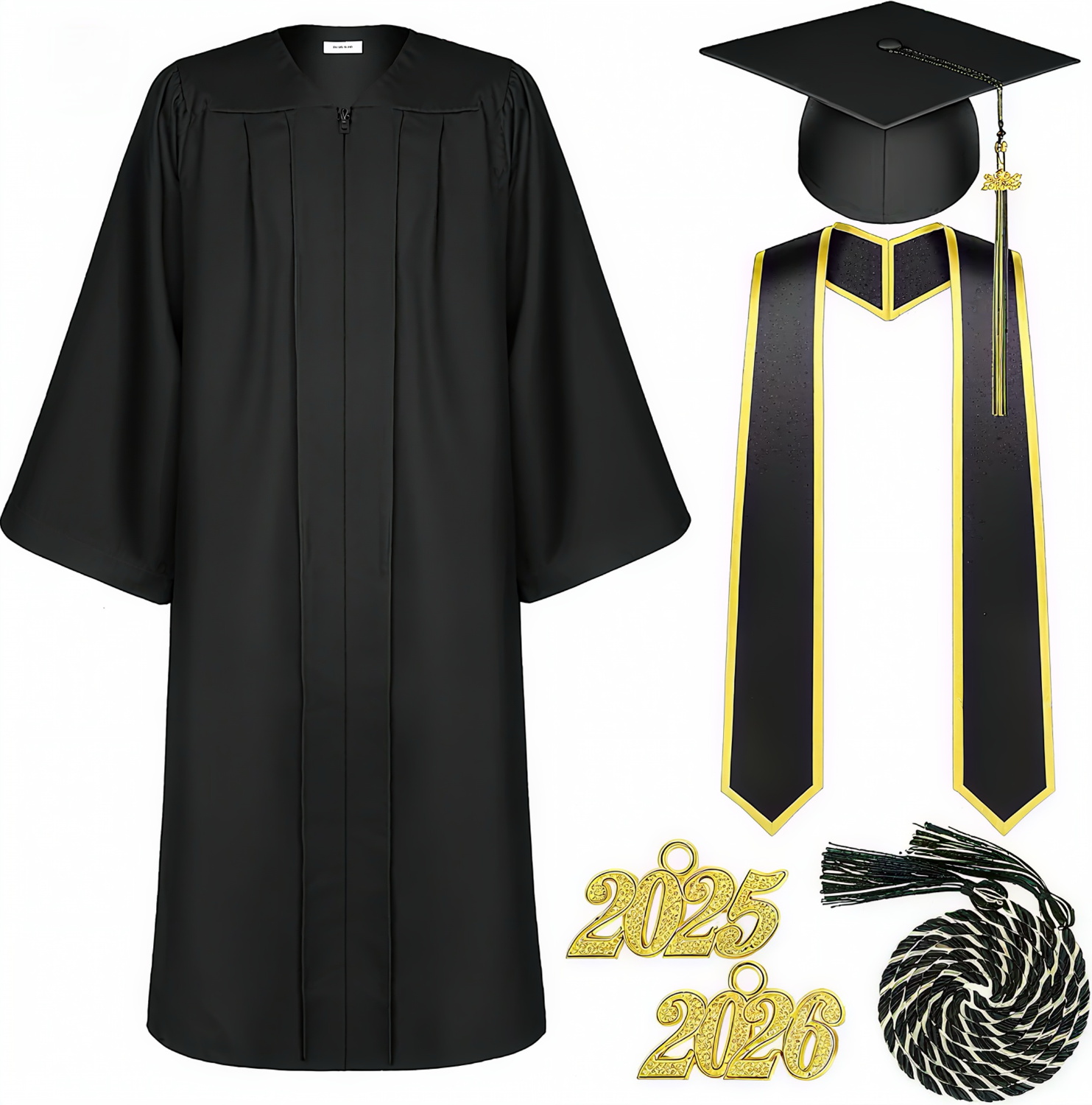 Unisex Matte Polyester Graduation Gown Cap Sash Stole And Honor Tassel Set Shawl Academic Dress School Uniform For University Graduation Ceremony