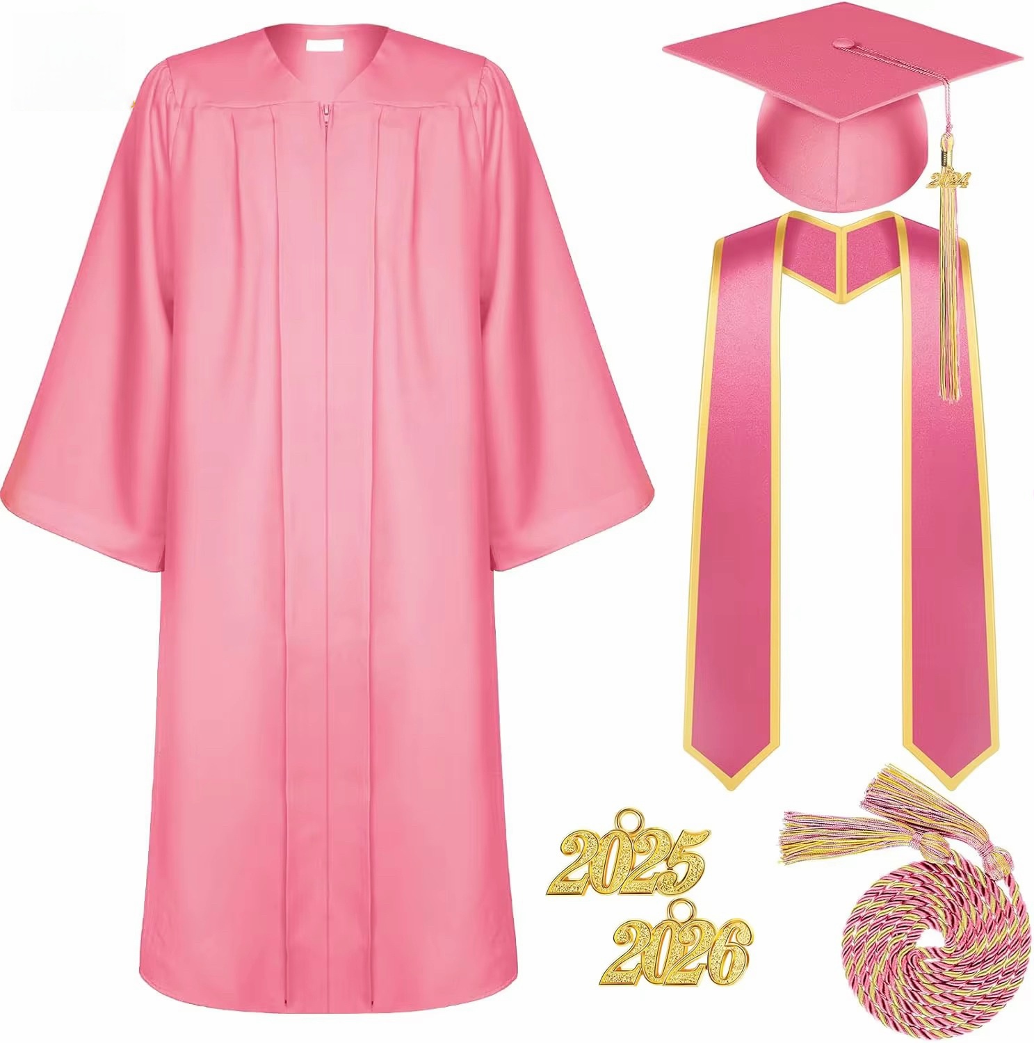 Unisex Matte Polyester Graduation Gown Cap Sash Stole And Honor Tassel Set Shawl Academic Dress School Uniform For University Graduation Ceremony