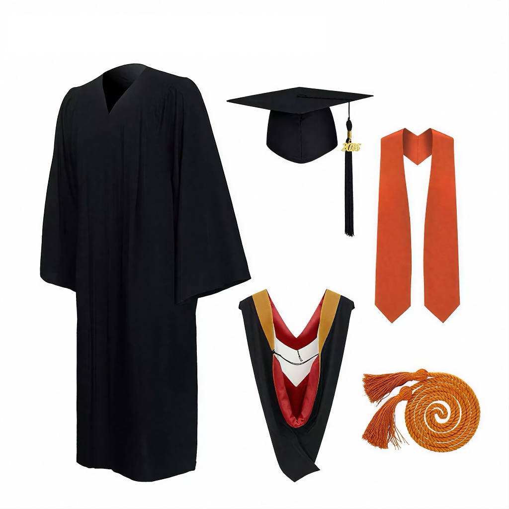 Unisex Matte Polyester Graduation Gown Cap Sash Stole And Honor Tassel Set Shawl Academic Dress School Uniform For University Graduation Ceremony