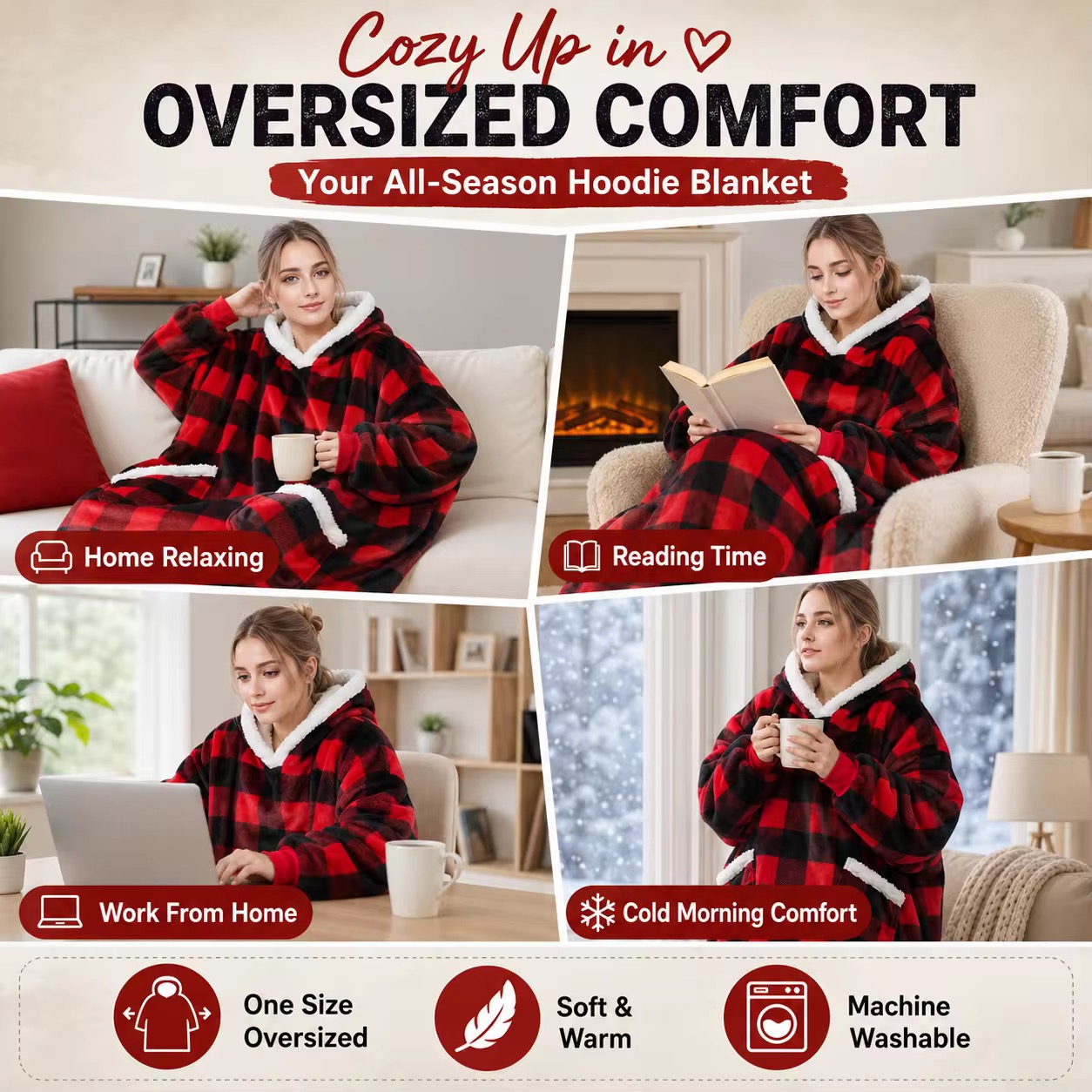 Customized Giant Pocket Sherpa Wearable TV Blanket Oversized Hoodie Blanket