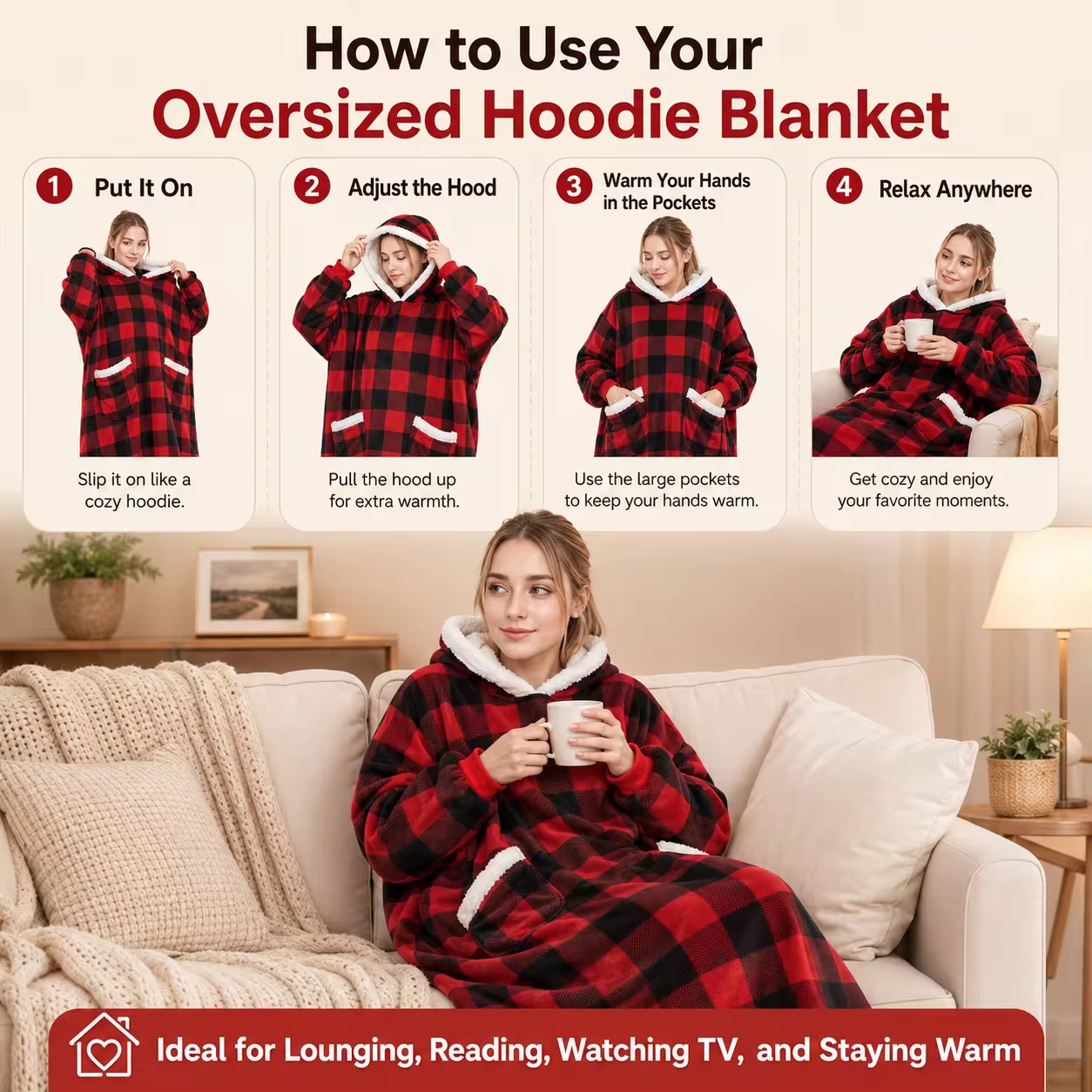 Customized Giant Pocket Sherpa Wearable TV Blanket Oversized Hoodie Blanket