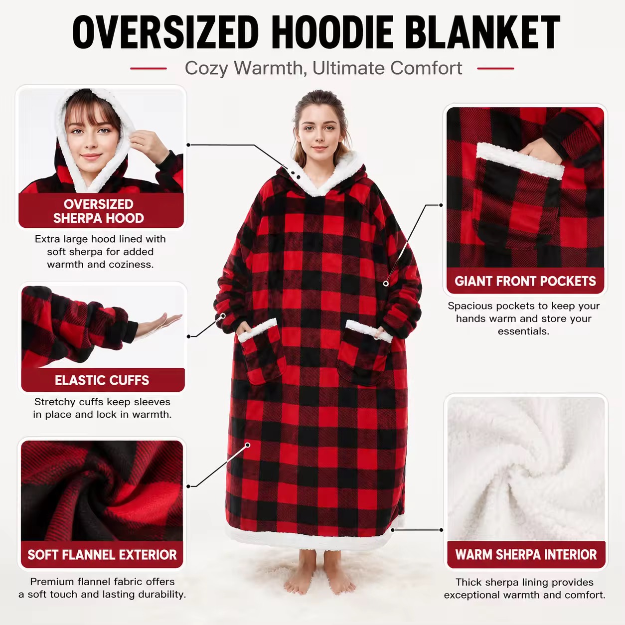 Customized Giant Pocket Sherpa Wearable TV Blanket Oversized Hoodie Blanket